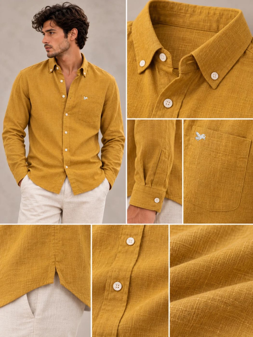 Bemount Antique Mustard French Linen Shirt in Antique Mustard, collar, cuff, hem and fabric details