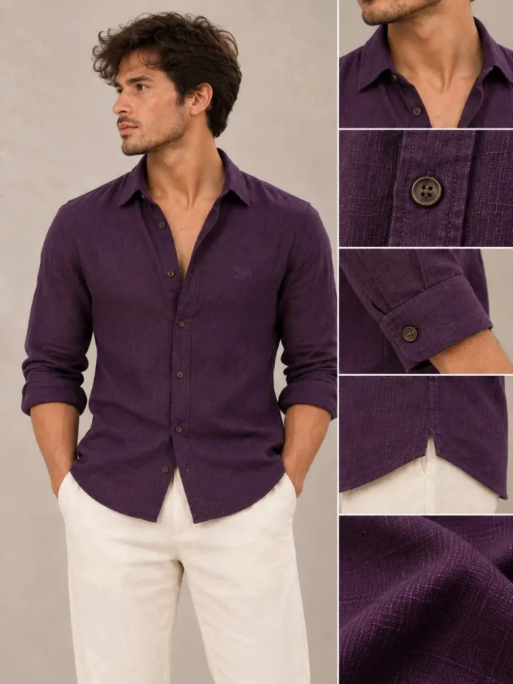Bemount Bemount Deep Aubergine French Linen Shirt in Deep Aubergine, close-up front view
