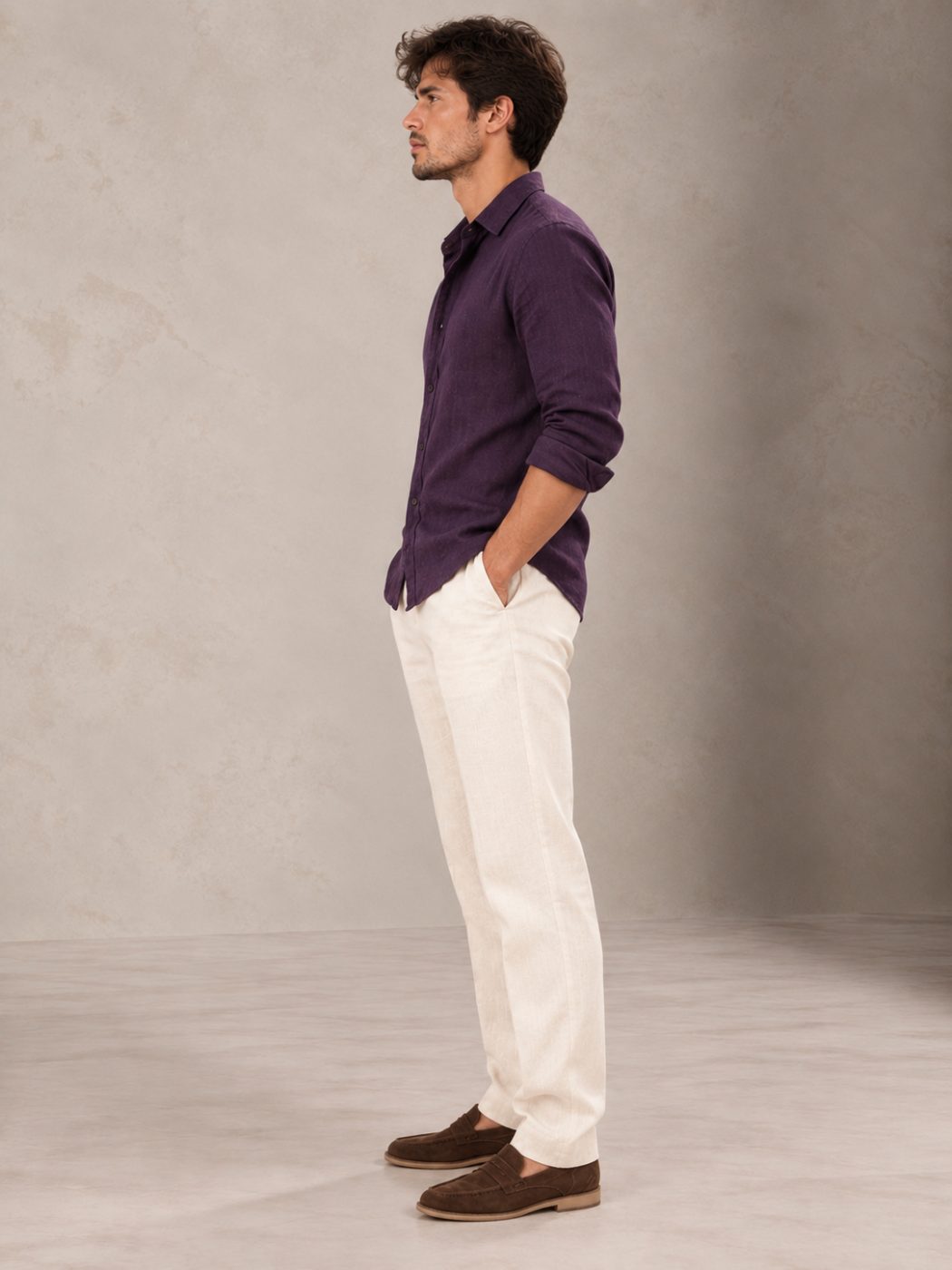 Bemount Deep Aubergine French Linen Shirt in Deep Aubergine, side view