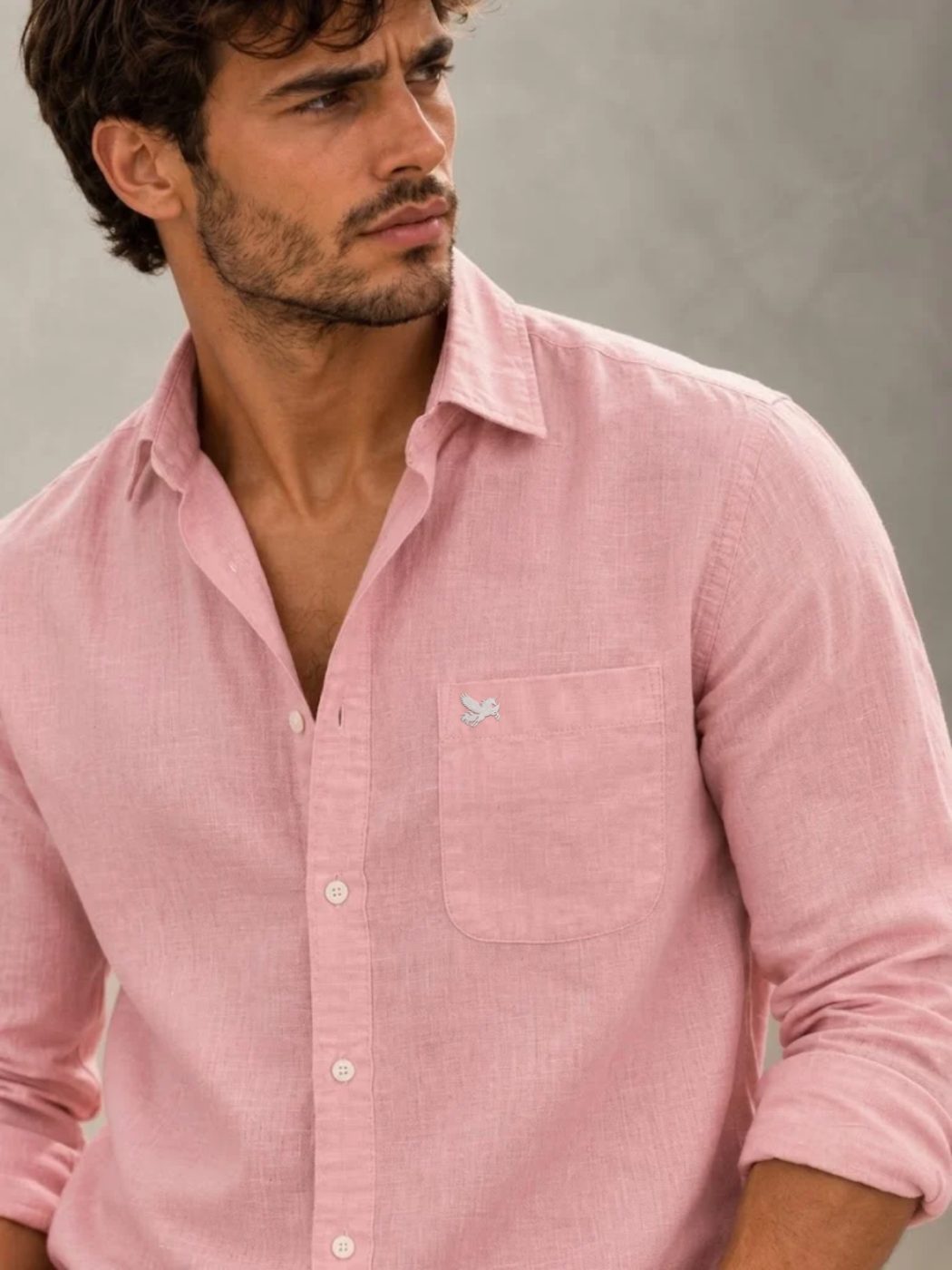 Bemount Dusty Blush French Linen Shirt in Dusty Blush, close-up of collar and pocket