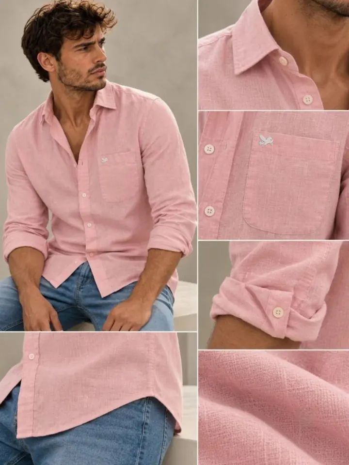 Bemount Bemount Dusty Blush French Linen Shirt in Dusty Blush, collar, pocket, cuff and fabric details