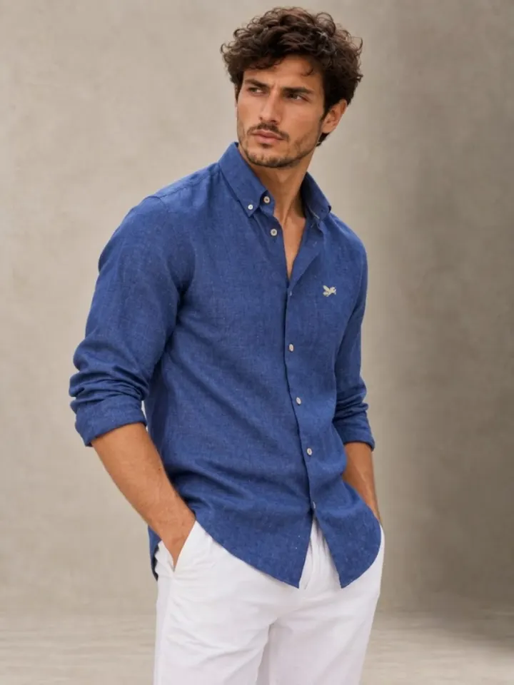 Bemount Bemount French Linen Button-Down Shirt, Indigo Blue in Indigo Blue, front view, hands in pockets