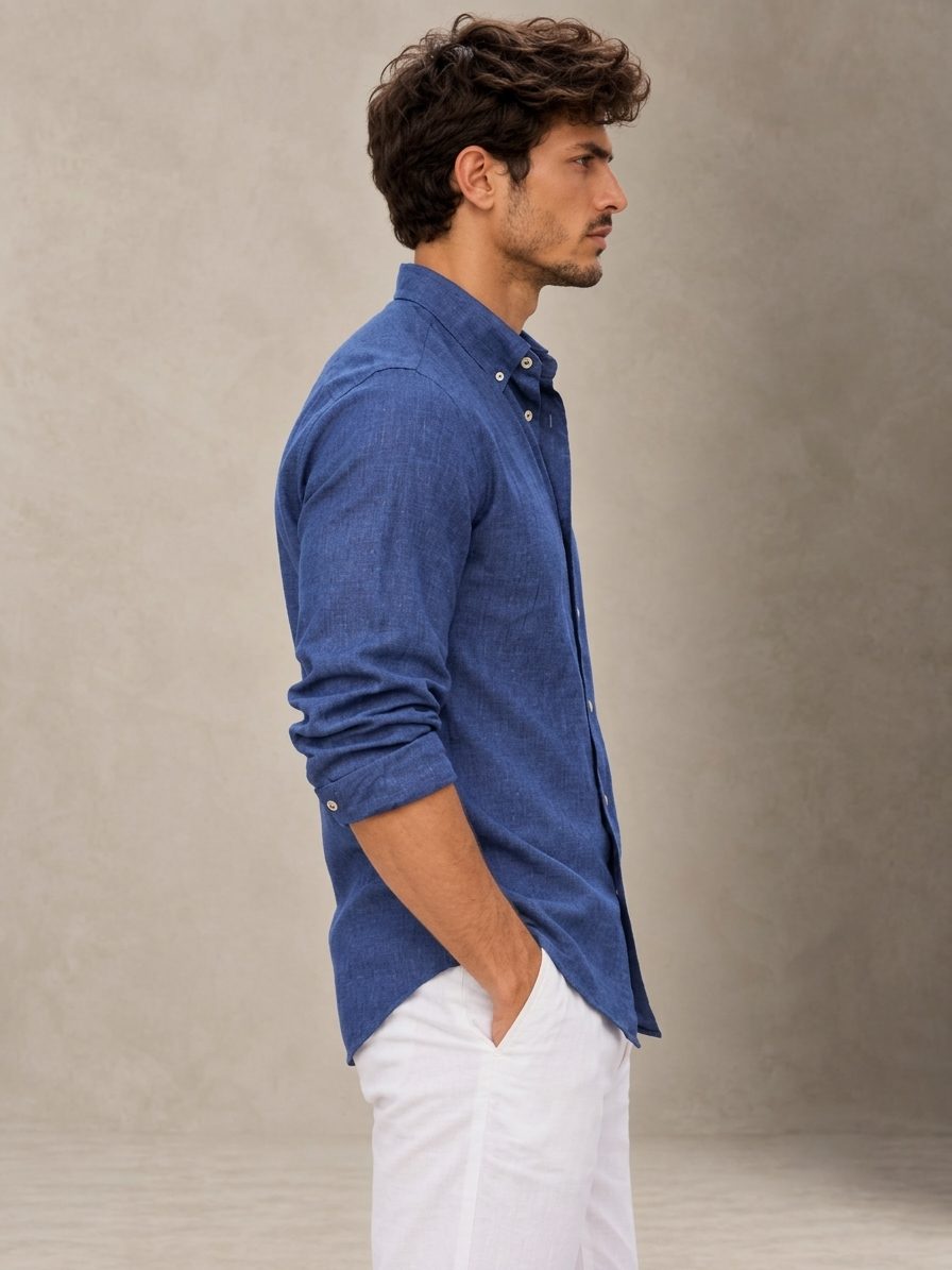 Bemount French Linen Button-Down Shirt, Indigo Blue in Indigo Blue, side view