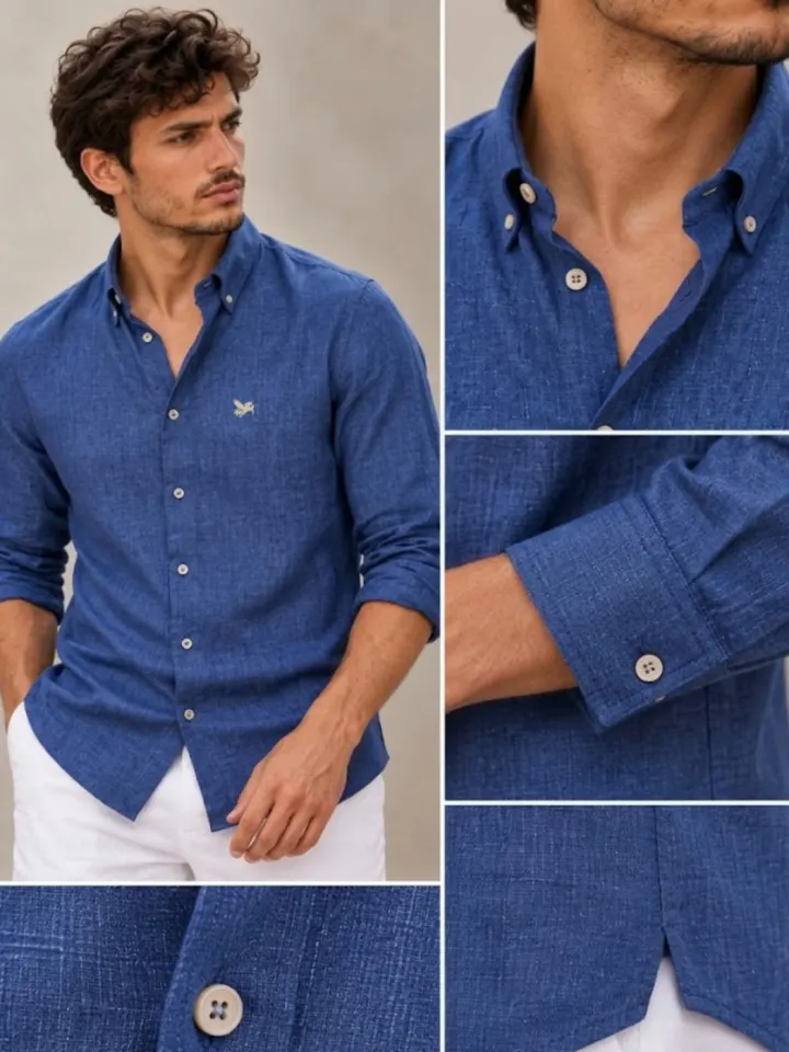 Bemount Bemount French Linen Button-Down Shirt, Indigo Blue in Indigo Blue, three-quarter view