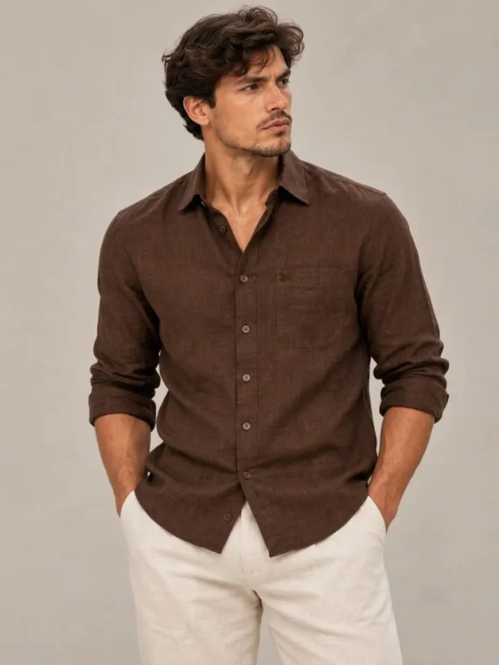 Bemount Bemount French Linen Utility Shirt, Deep Espresso in Deep Espresso, front view