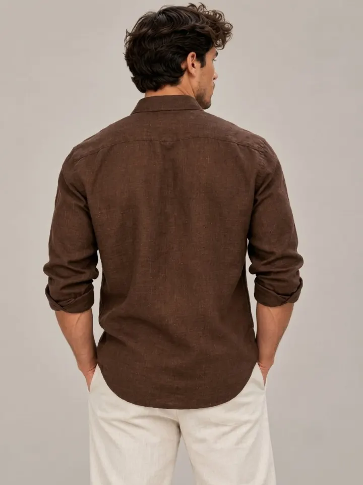 Bemount Bemount French Linen Utility Shirt, Deep Espresso in Deep Espresso, back view