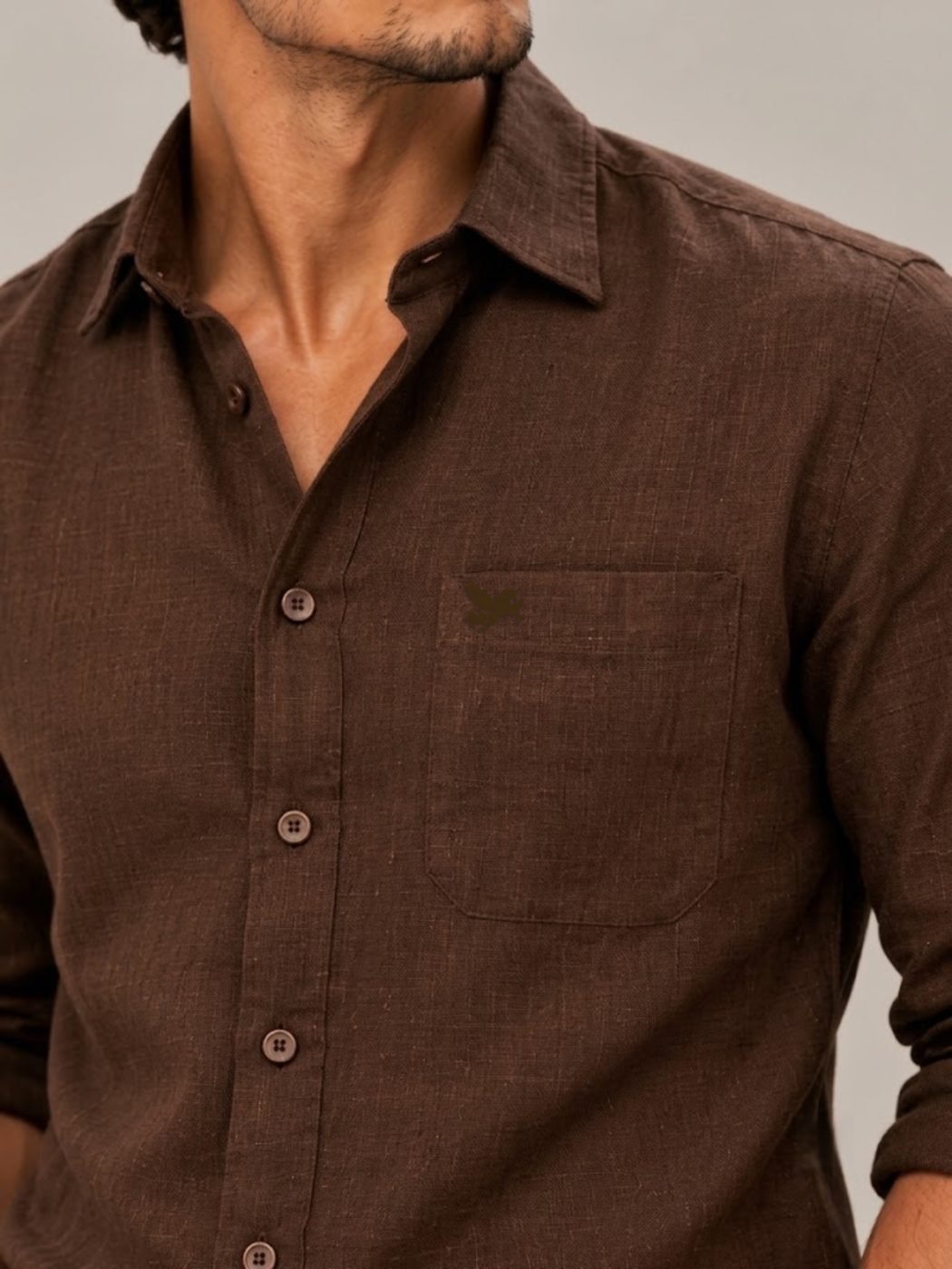 Bemount French Linen Utility Shirt, Deep Espresso in Deep Espresso, close-up of collar and pocket