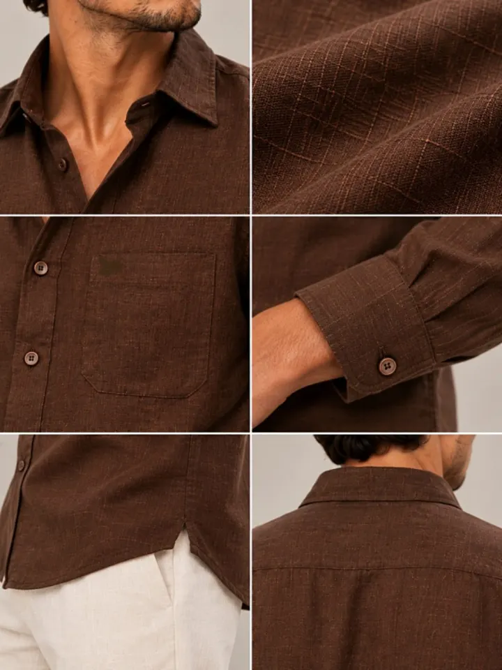 Bemount Bemount French Linen Utility Shirt, Deep Espresso in Deep Espresso, collar, cuff, pocket and fabric details