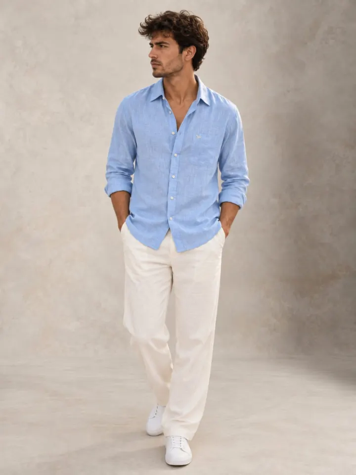 Bemount Bemount Misty Riviera Blue French Linen Shirt in Misty Blue, walking view
