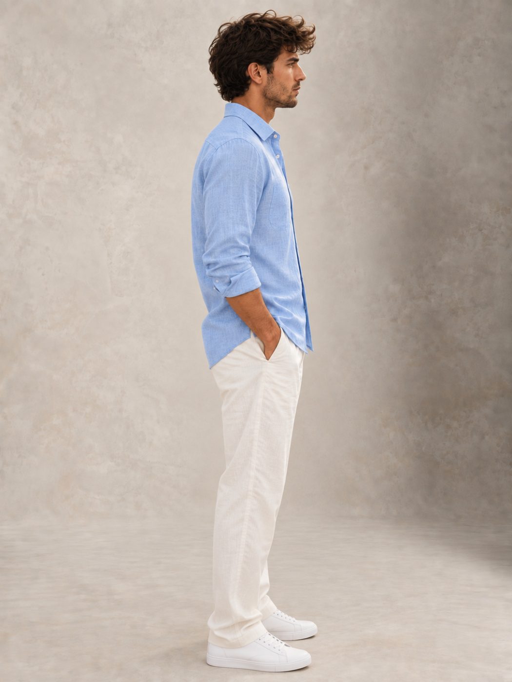 Bemount Misty Riviera Blue French Linen Shirt in Misty Blue, side view