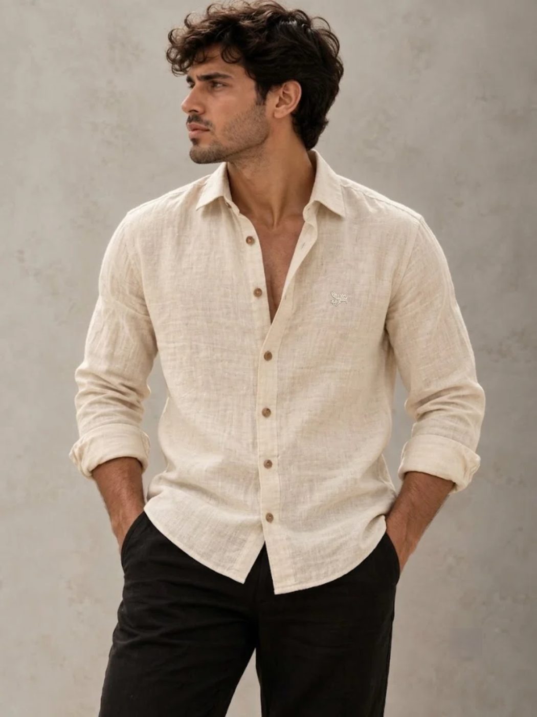 Bemount Natural Ecru French Linen Shirt in Natural Ecru, front view
