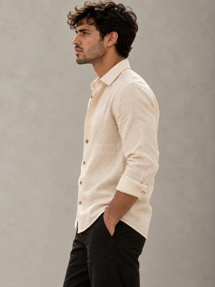 Bemount Bemount Natural Ecru French Linen Shirt in Natural Ecru, side view