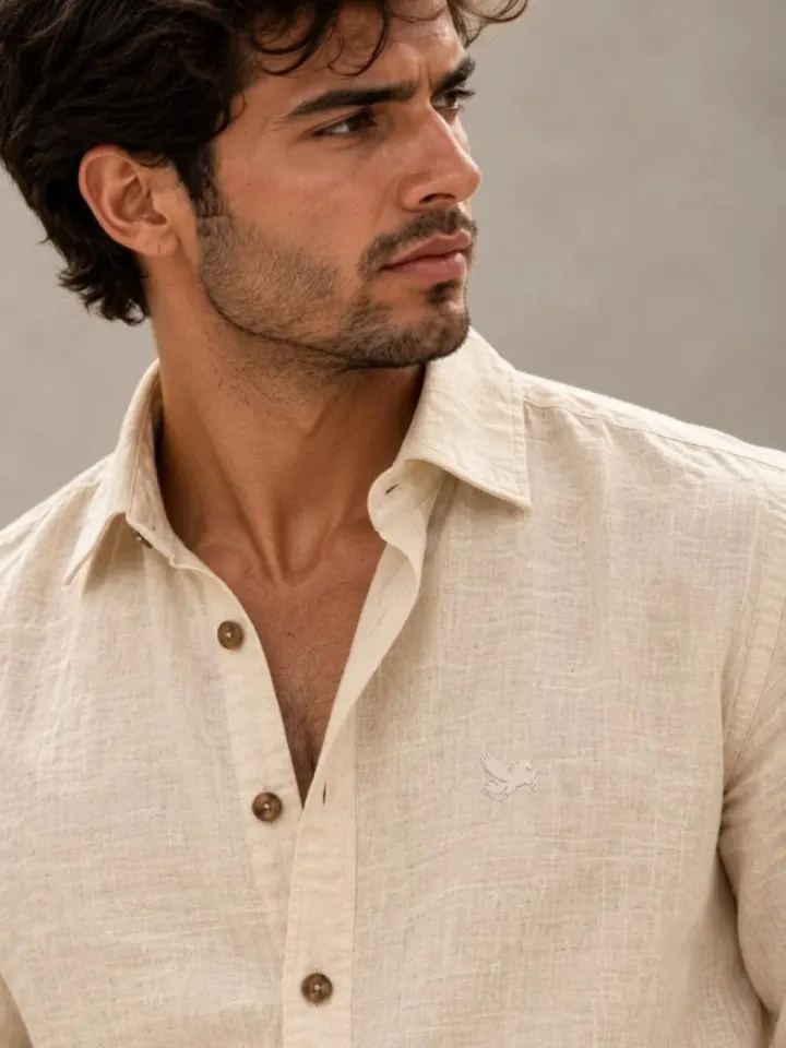 Bemount Bemount Natural Ecru French Linen Shirt in Natural Ecru, close-up of collar