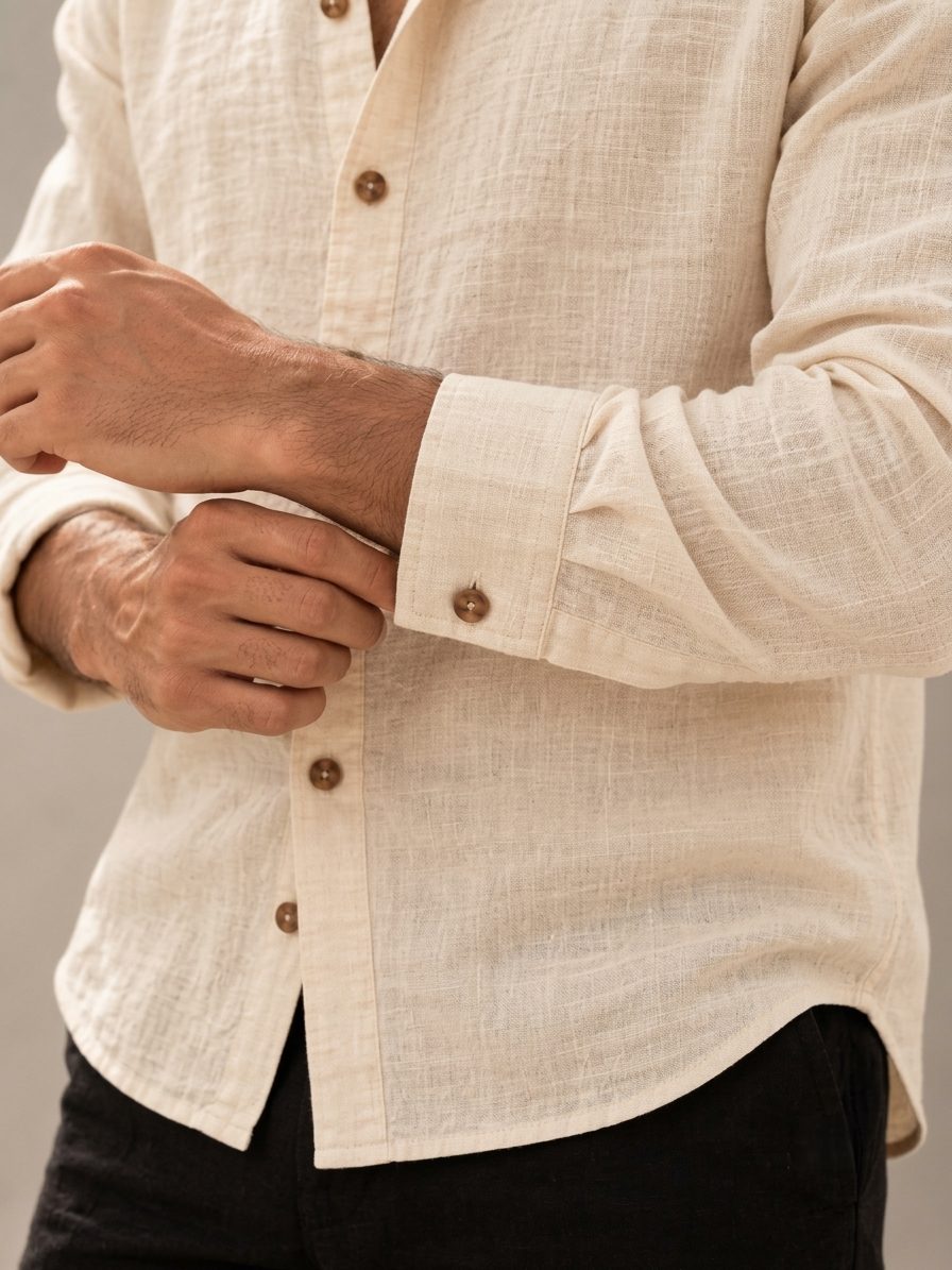 Bemount Natural Ecru French Linen Shirt in Natural Ecru, cuff detail