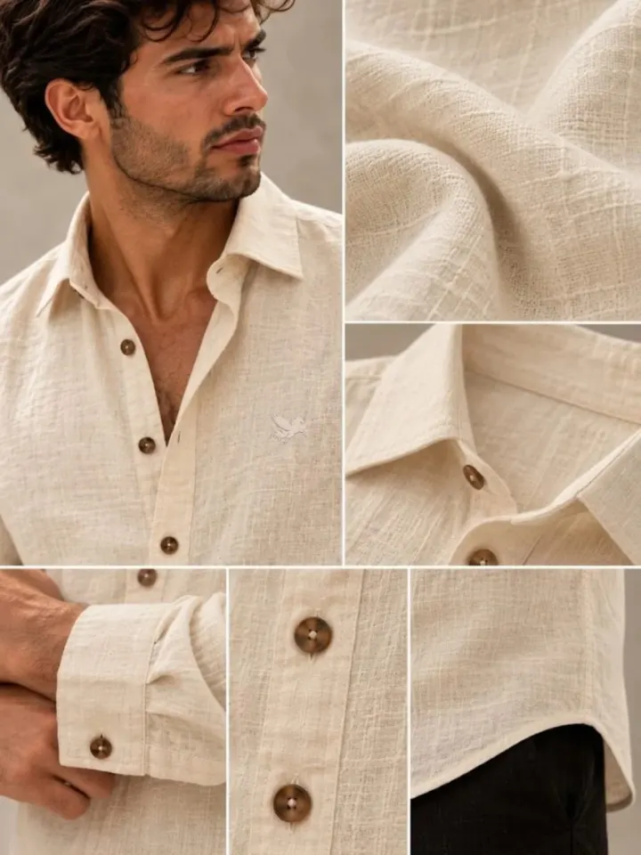 Bemount Bemount Natural Ecru French Linen Shirt in Natural Ecru, collar, button and fabric details