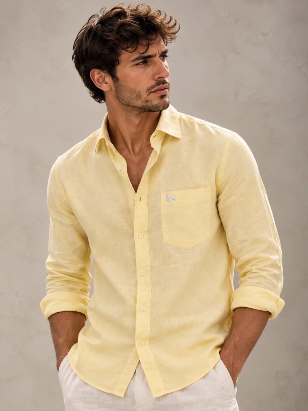 Bemount Pale Lemon French Linen Shirt in Pale Lemon, front view