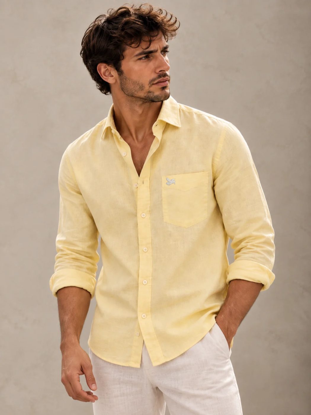 Bemount Pale Lemon French Linen Shirt in Pale Lemon, three-quarter view