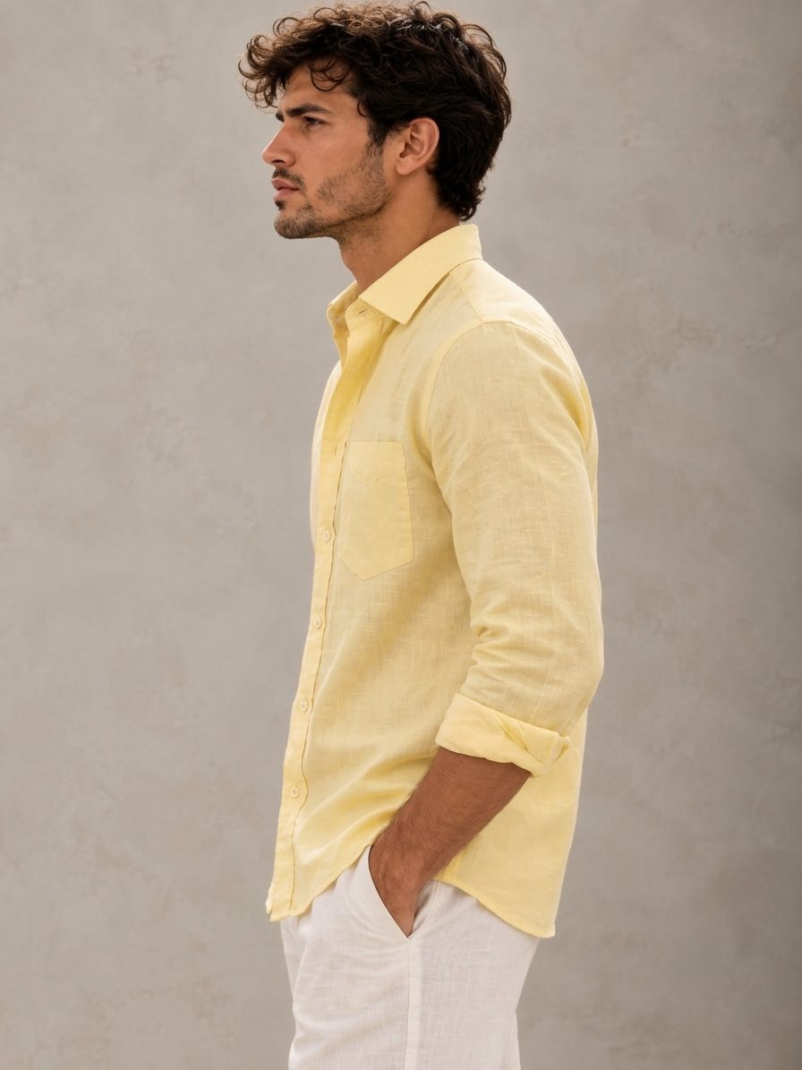 Bemount Pale Lemon French Linen Shirt in Pale Lemon, side view
