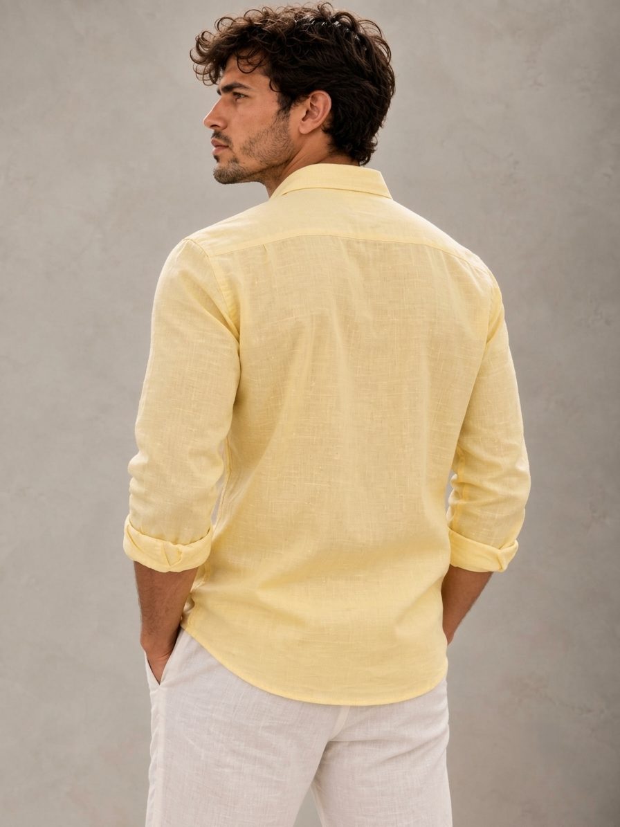 Bemount Pale Lemon French Linen Shirt in Pale Lemon, back view