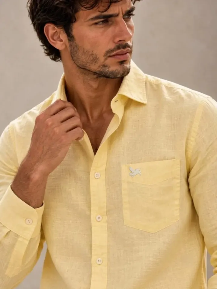 Bemount Bemount Pale Lemon French Linen Shirt in Pale Lemon, close-up of collar and pocket