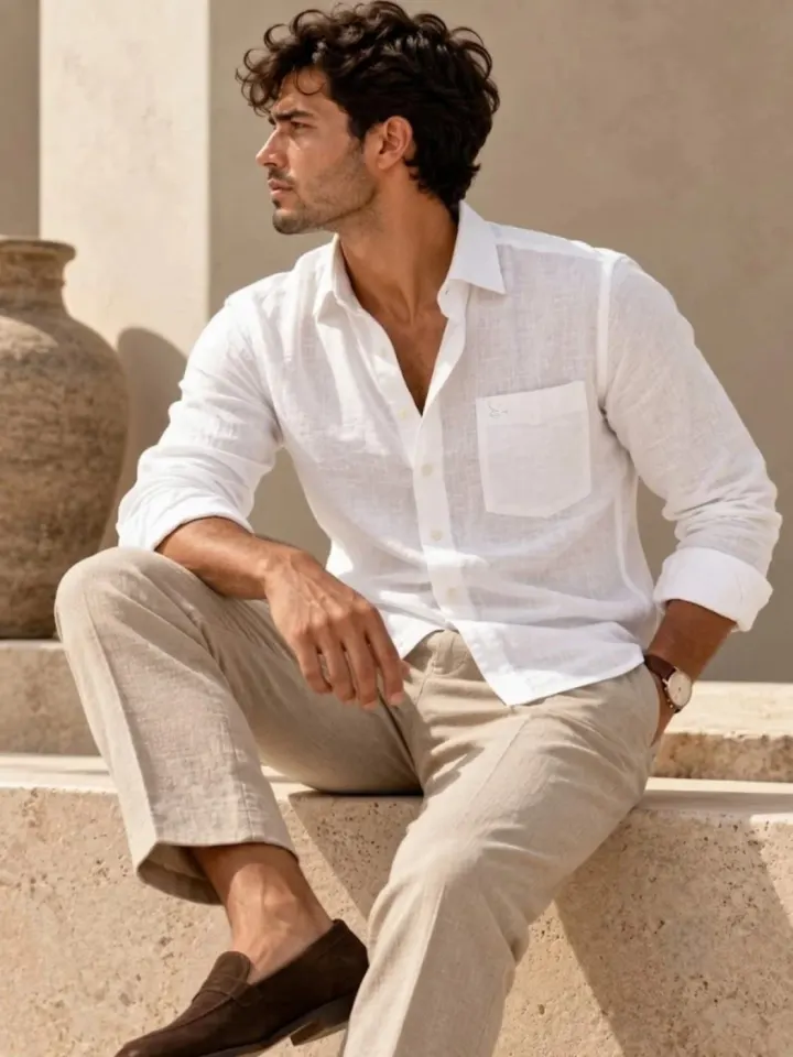 Bemount Bemount Premium White French Linen Shirt in White, seated view