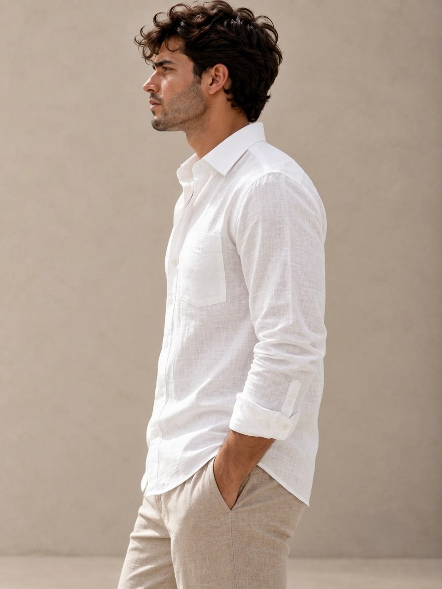 Bemount Premium White French Linen Shirt in White, side view