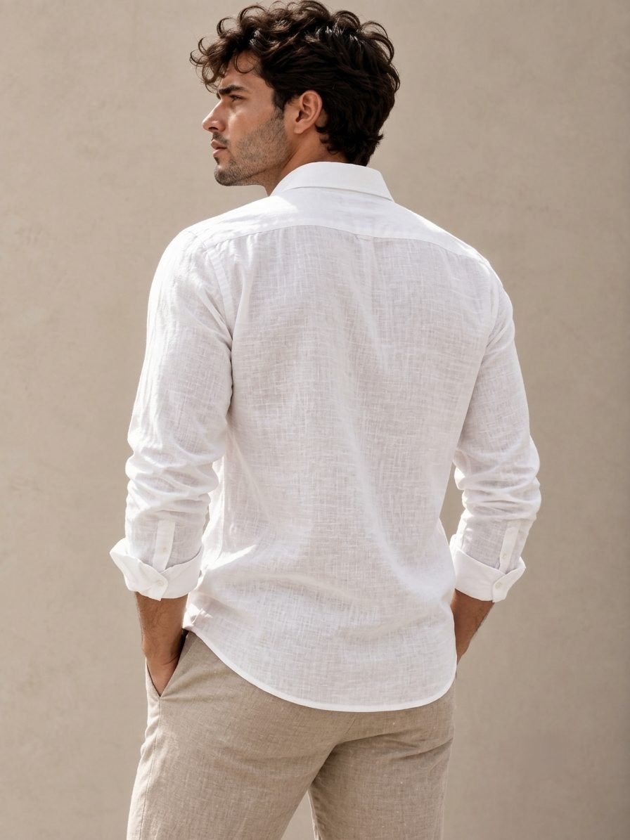 Bemount Premium White French Linen Shirt in White, back view