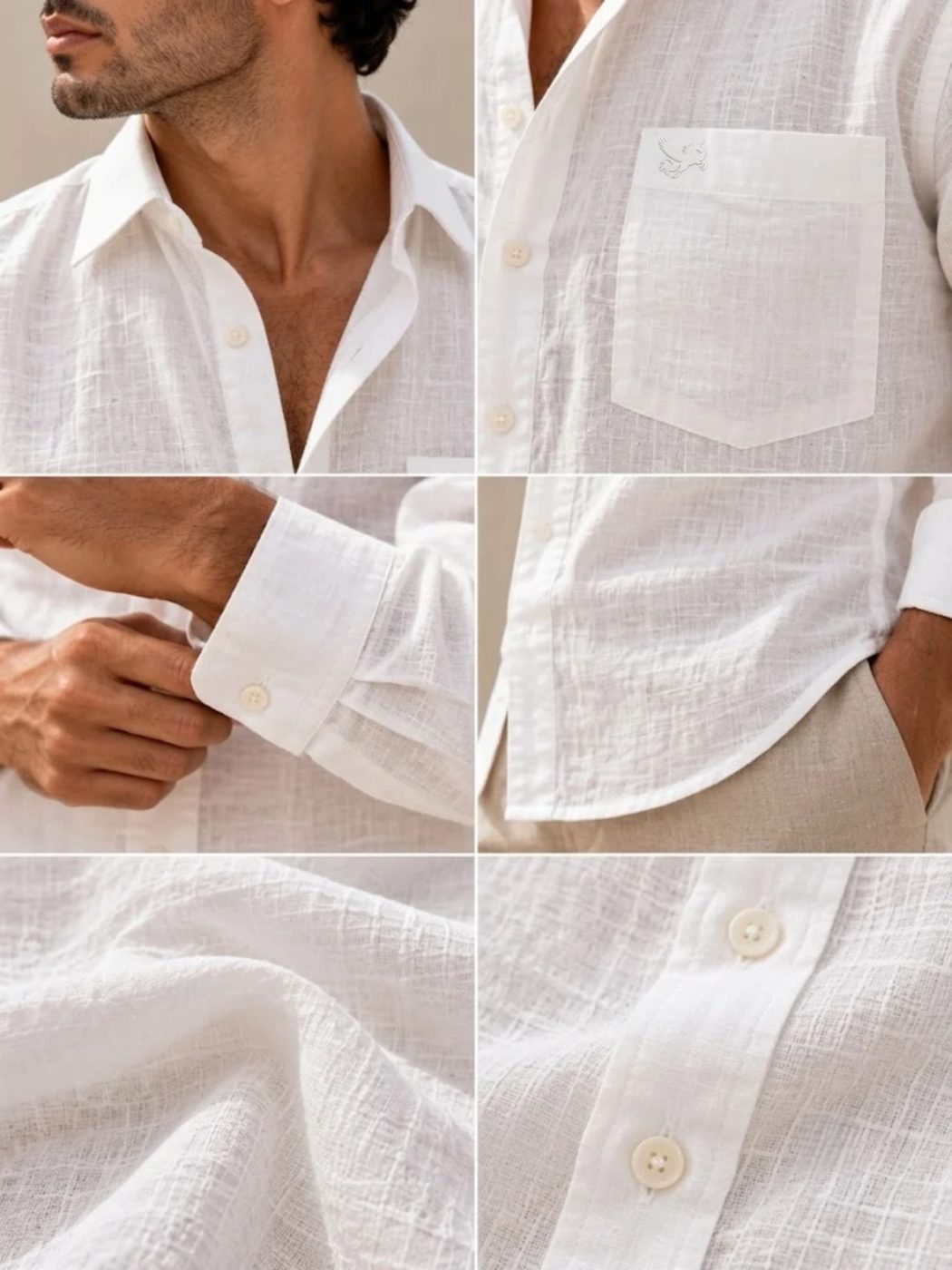 Bemount Premium White French Linen Shirt in White, collar, cuff, pocket and fabric details