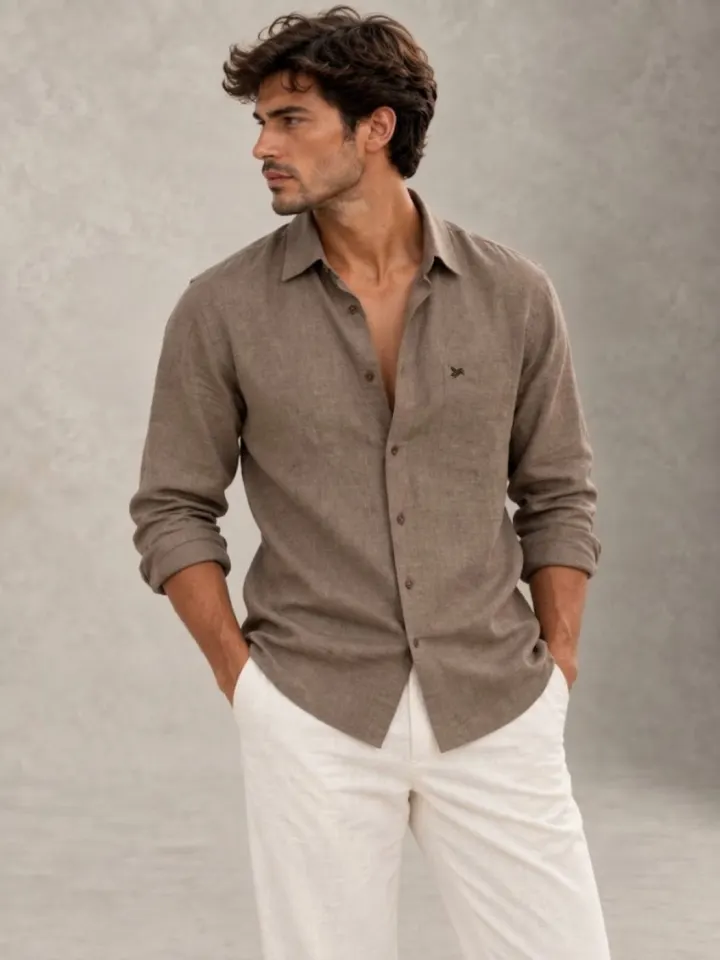 Bemount Bemount Smoked Taupe French Linen Relaxed Shirt in Smoked Taupe, front view