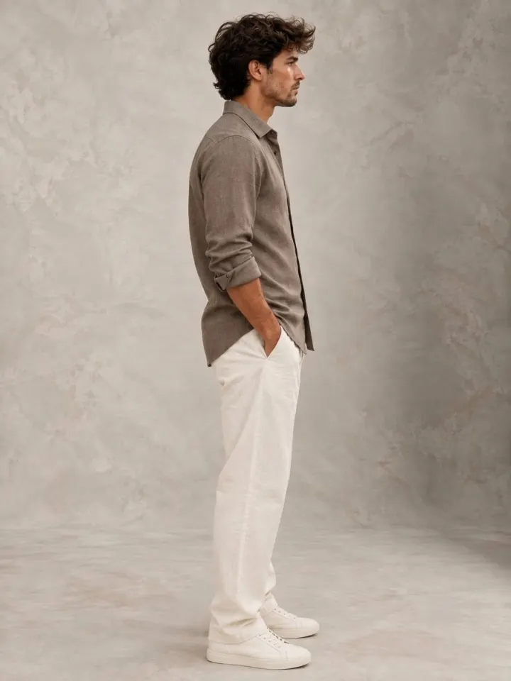 Bemount Bemount Smoked Taupe French Linen Relaxed Shirt in Smoked Taupe, side view
