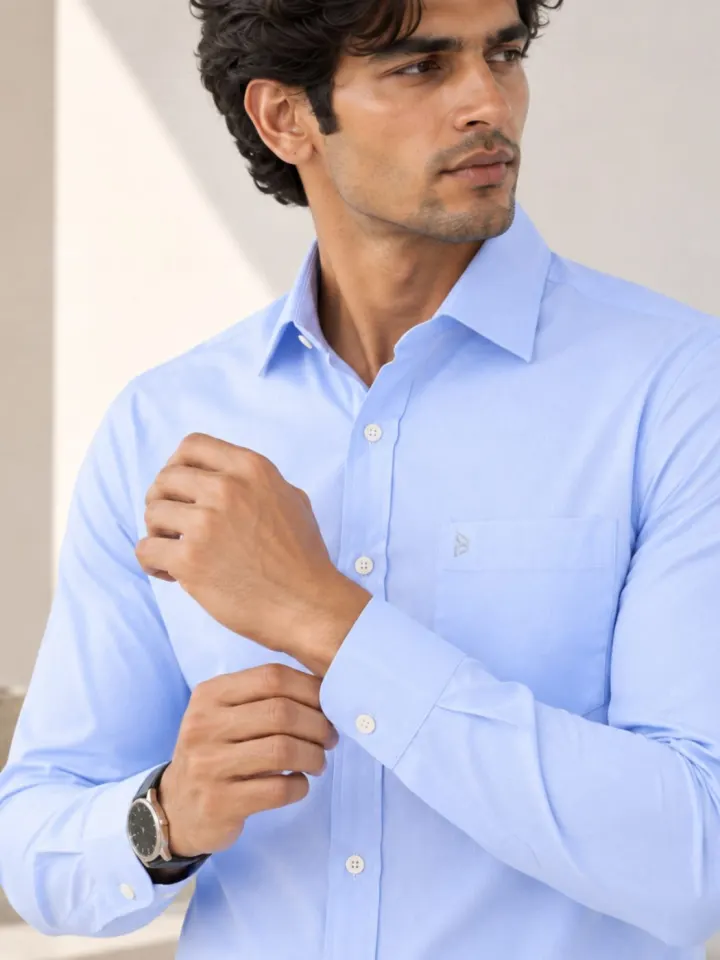Bemount Bemount Classic Light Blue Oxford Shirt in Light Blue, closeup view