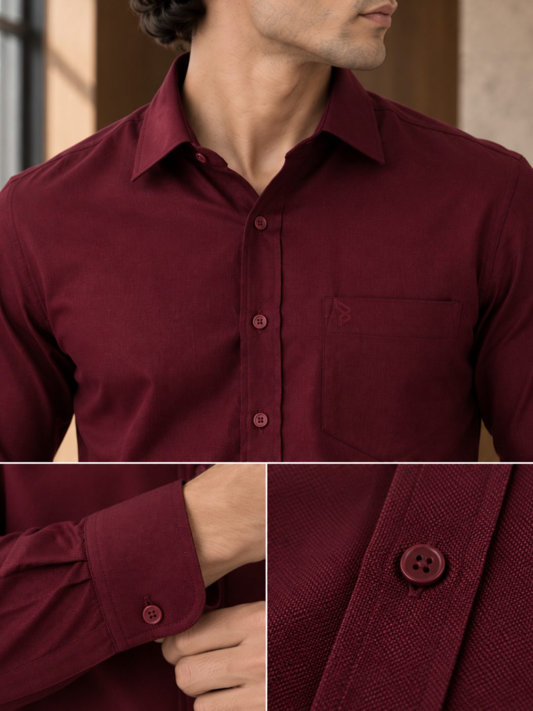 Bemount Bemount Deep Wine Oxford Shirt in Deep Wine, fabric and detail close-ups