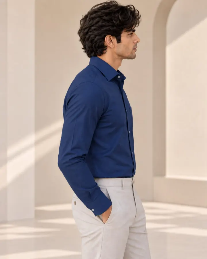 Bemount Bemount Navy Blue Oxford Shirt in Navy Blue, side view