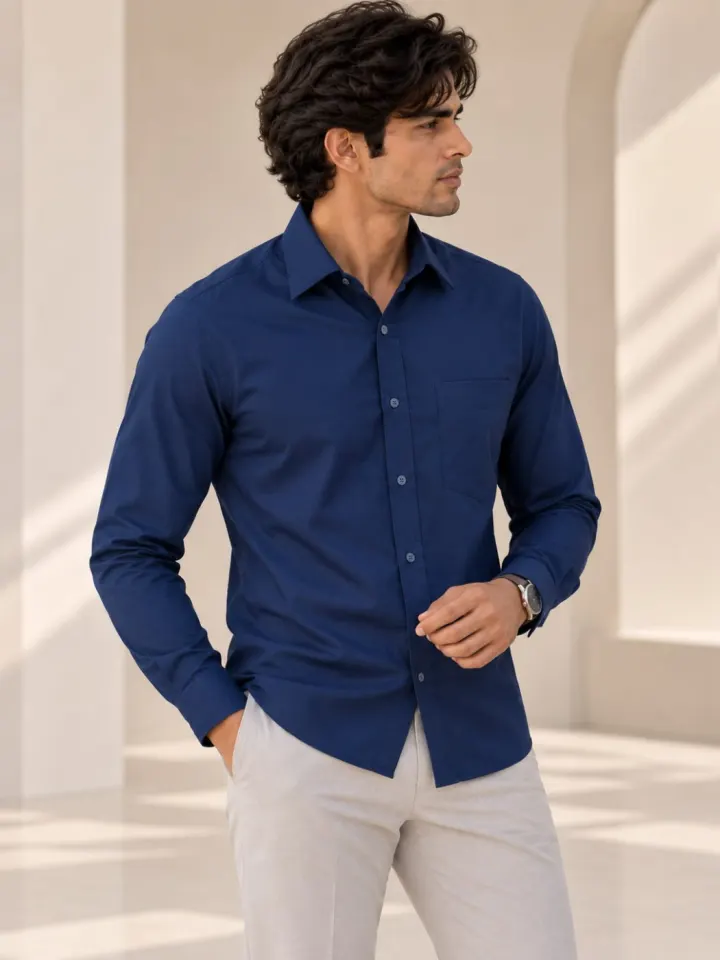 Bemount Bemount Navy Blue Oxford Shirt in Navy Blue, worn tucked out