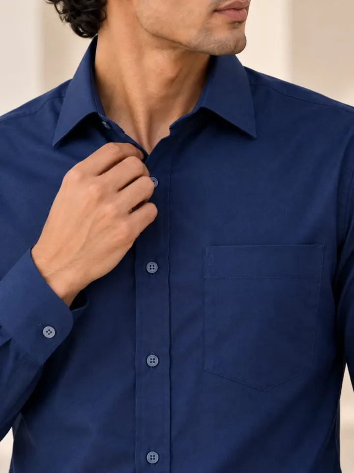 Bemount Bemount Navy Blue Oxford Shirt in Navy Blue, closeup view