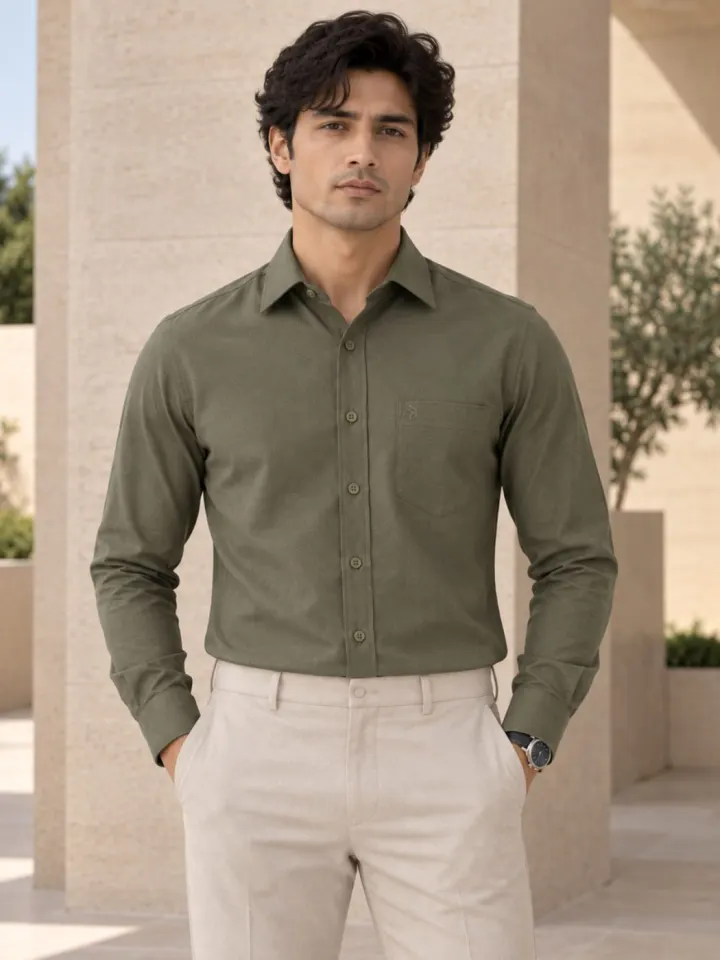 Bemount Bemount Olive Green Oxford Shirt in Olive Green, front view