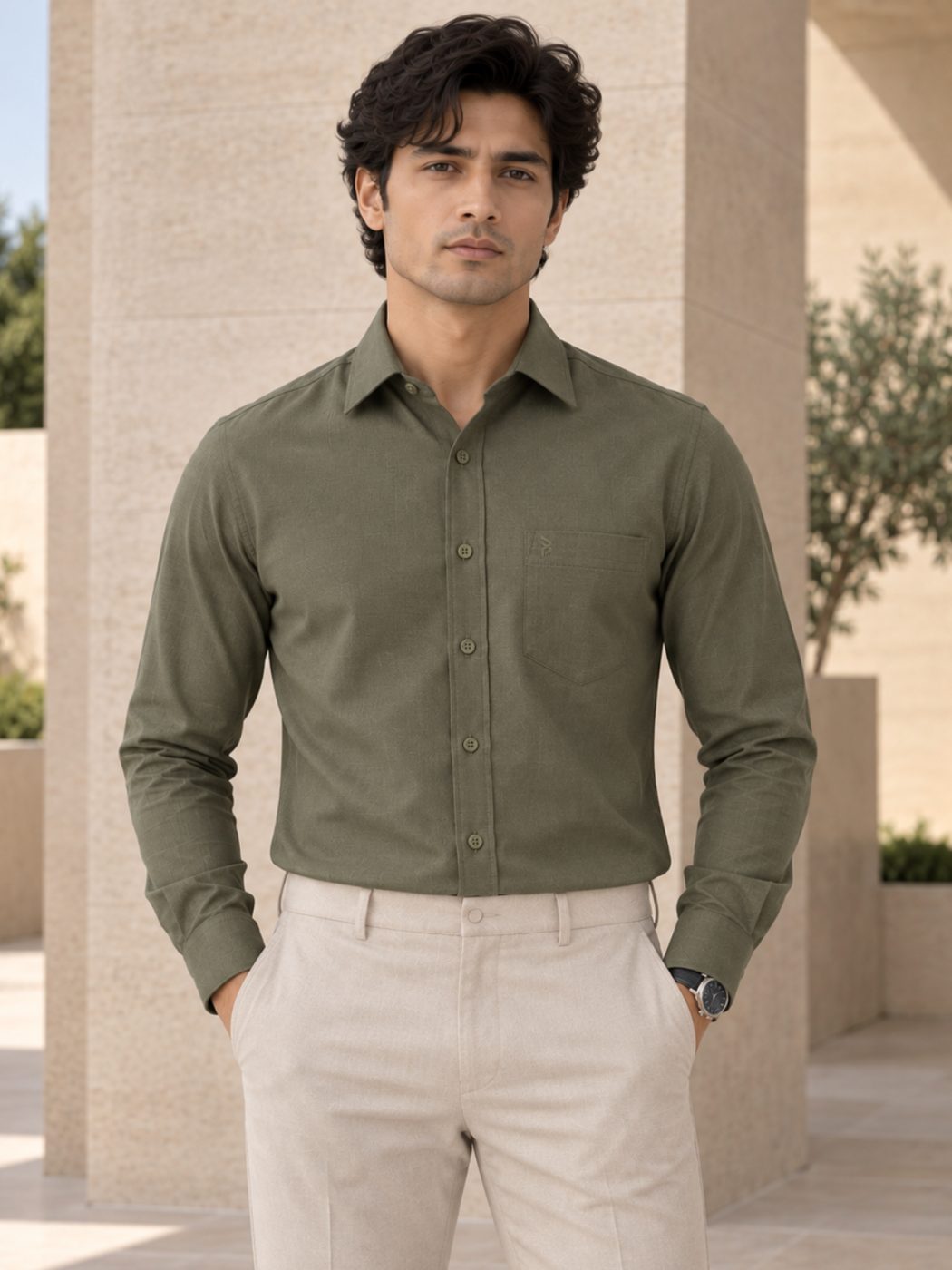 Bemount Bemount Olive Green Oxford Shirt in Olive Green, front view