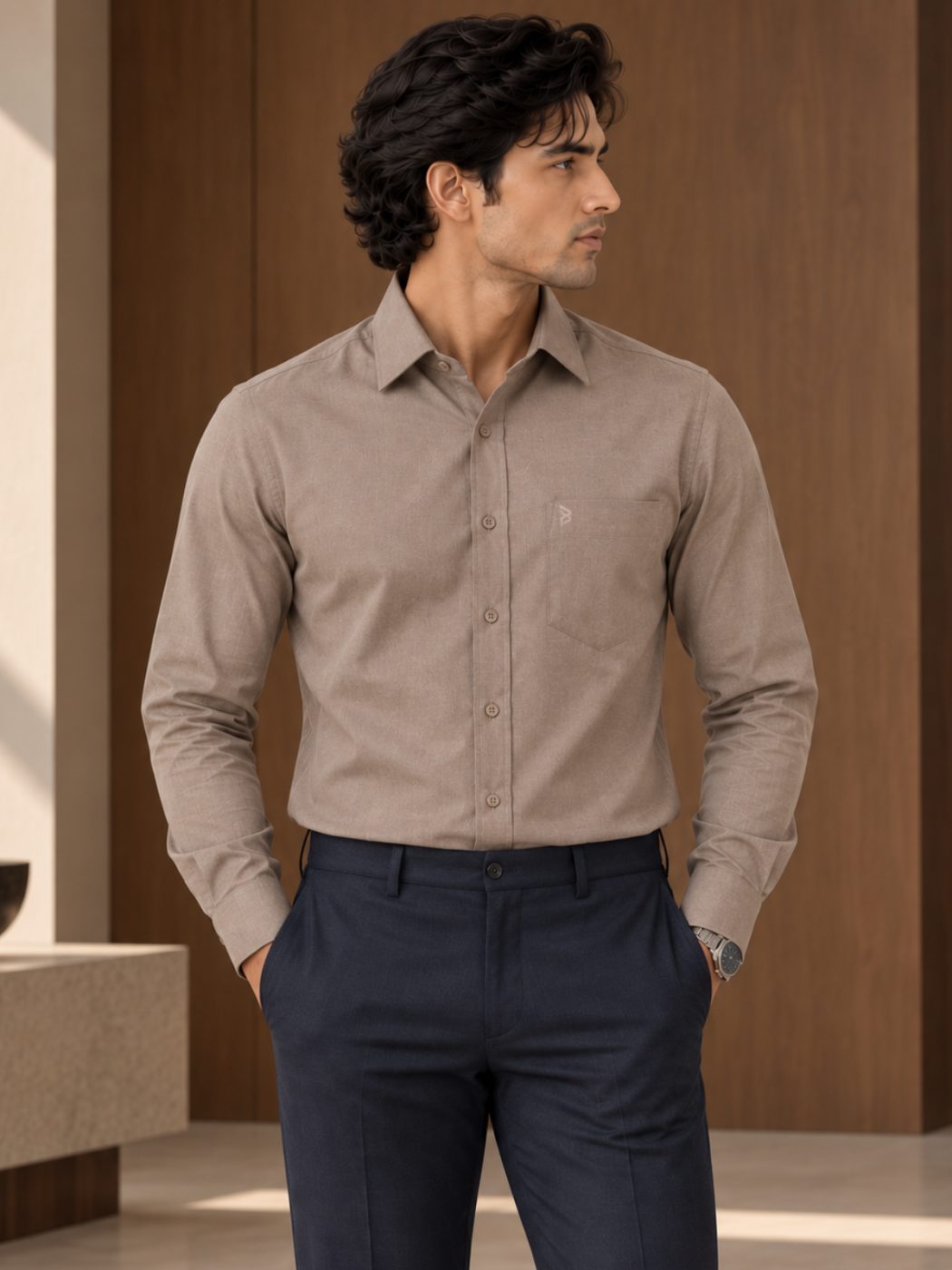 Bemount Bemount Taupe Oxford Shirt in Taupe, front view