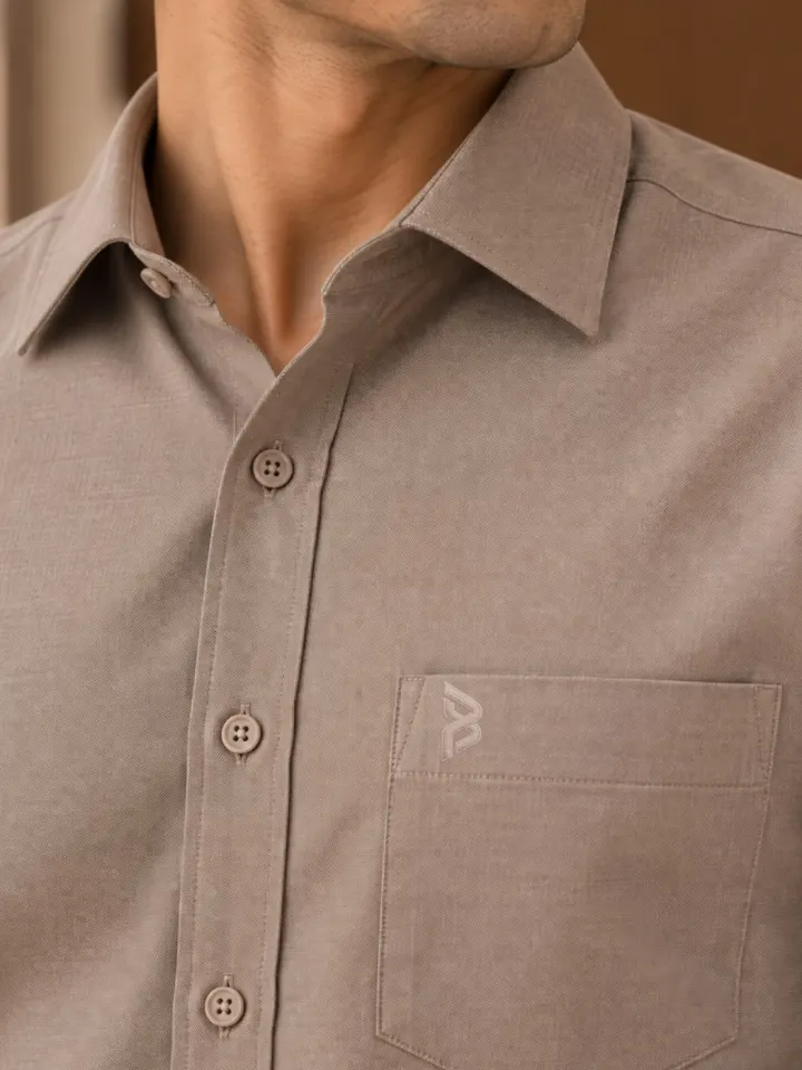 Bemount Bemount Taupe Oxford Shirt in Taupe, closeup view