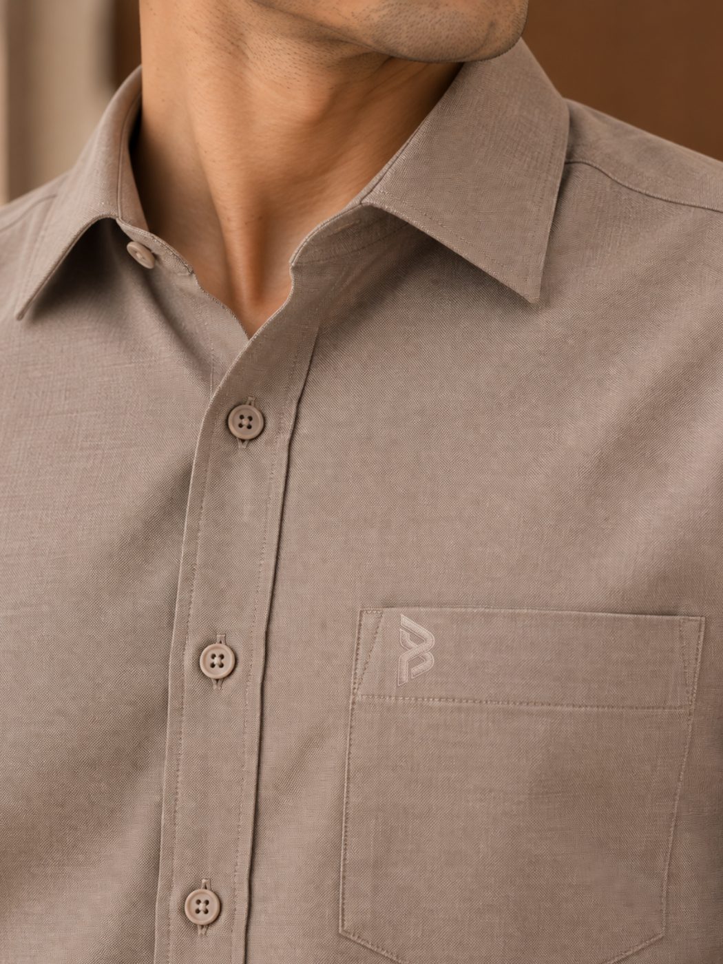 Bemount Bemount Taupe Oxford Shirt in Taupe, closeup view