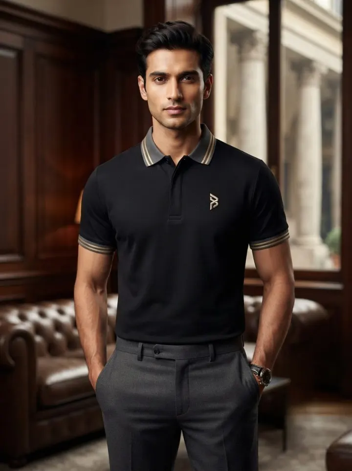 Bemount Black Striped Collar Polo