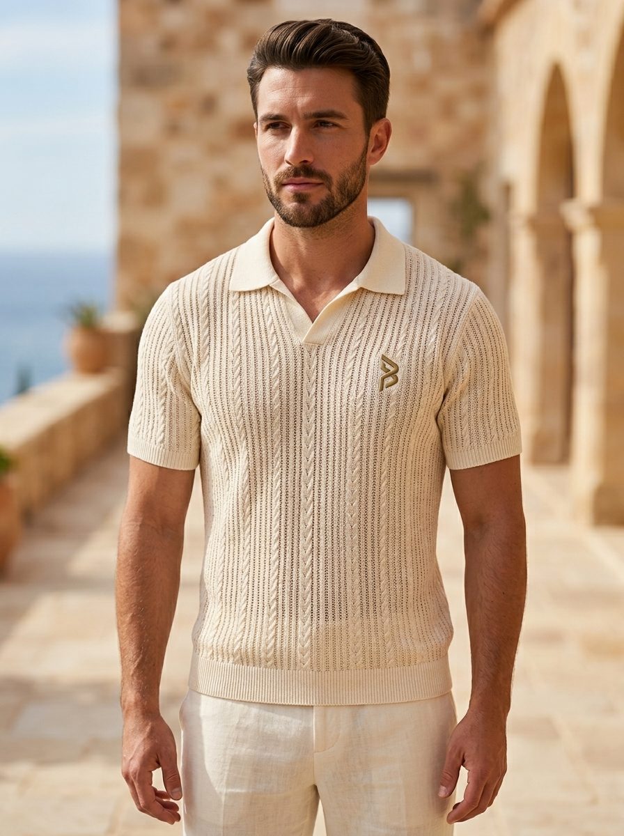 Cable-Knit Open-Collar Polo