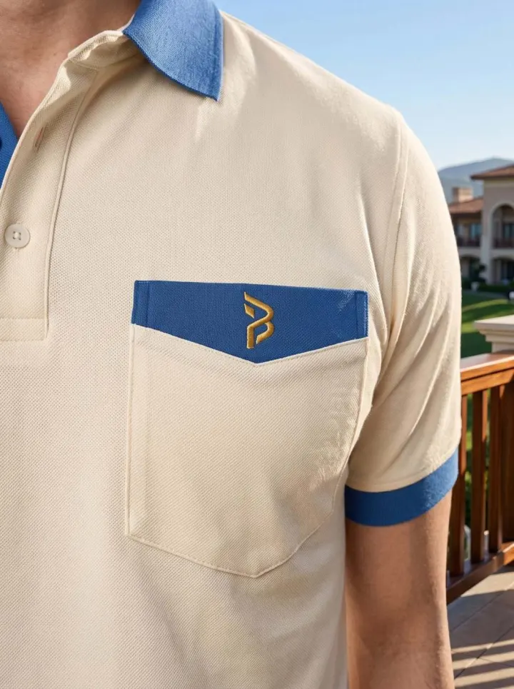 Bemount Cream & Sky-Blue Pocket Polo
