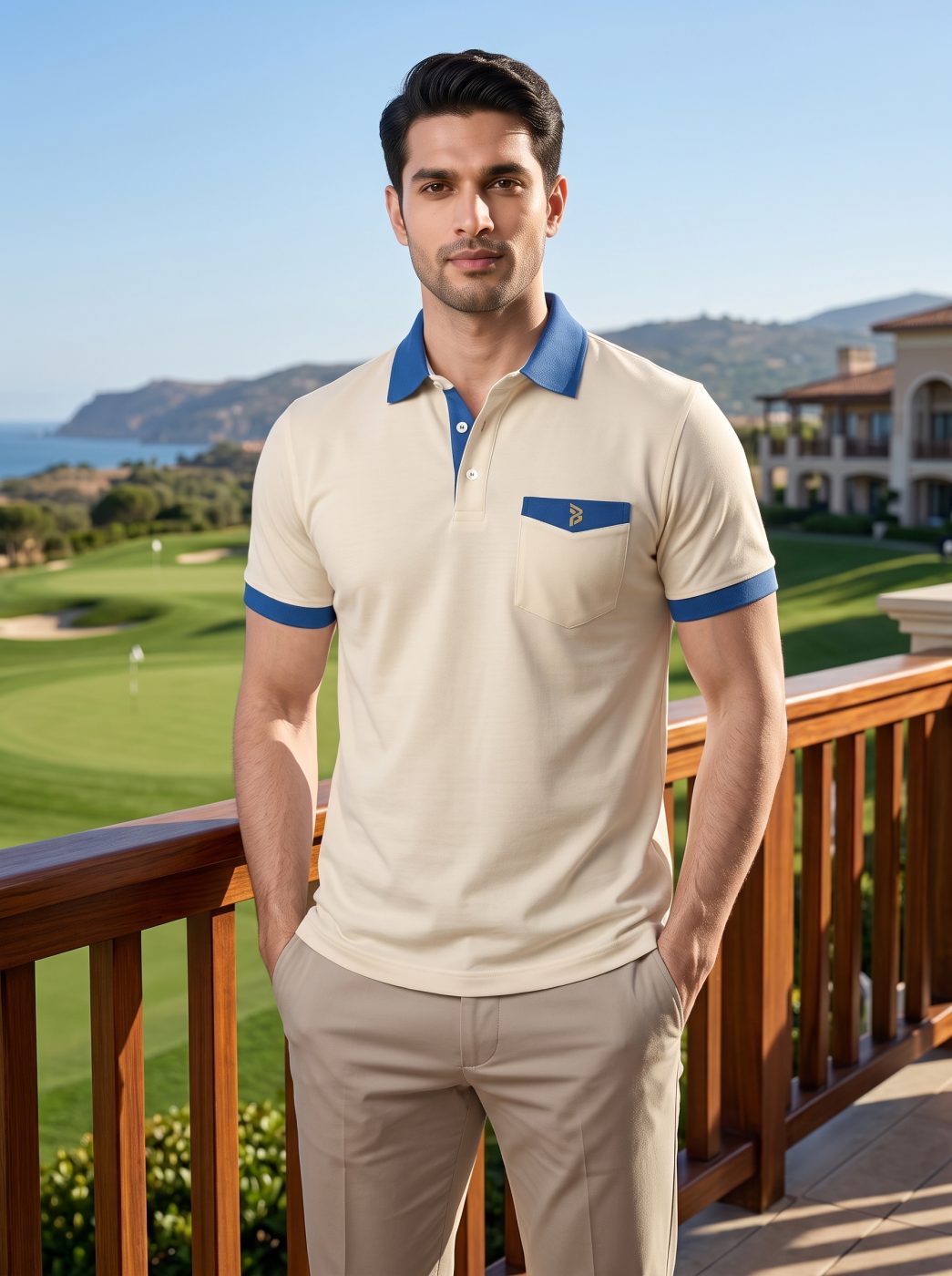 Cream & Sky-Blue Pocket Polo