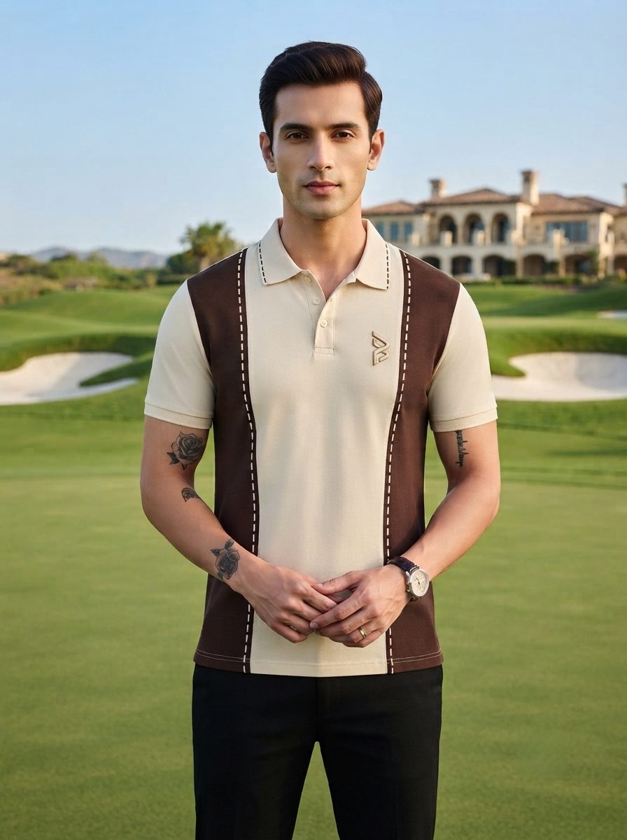 Cream & Brown Diagonal Panel Polo