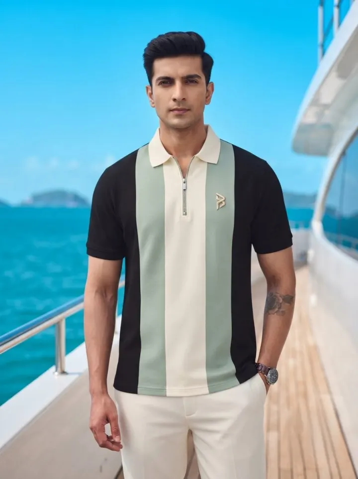 Bemount Zip-Placket Colorblock Polo