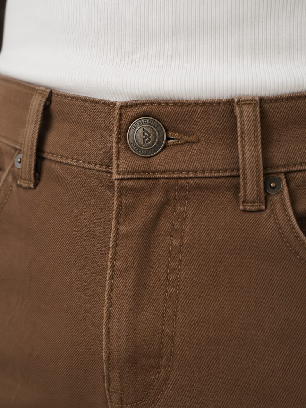 Bemount Bemount Over-Dyed Earth Tone Regular Jeans in Earth Brown, waist closeup view