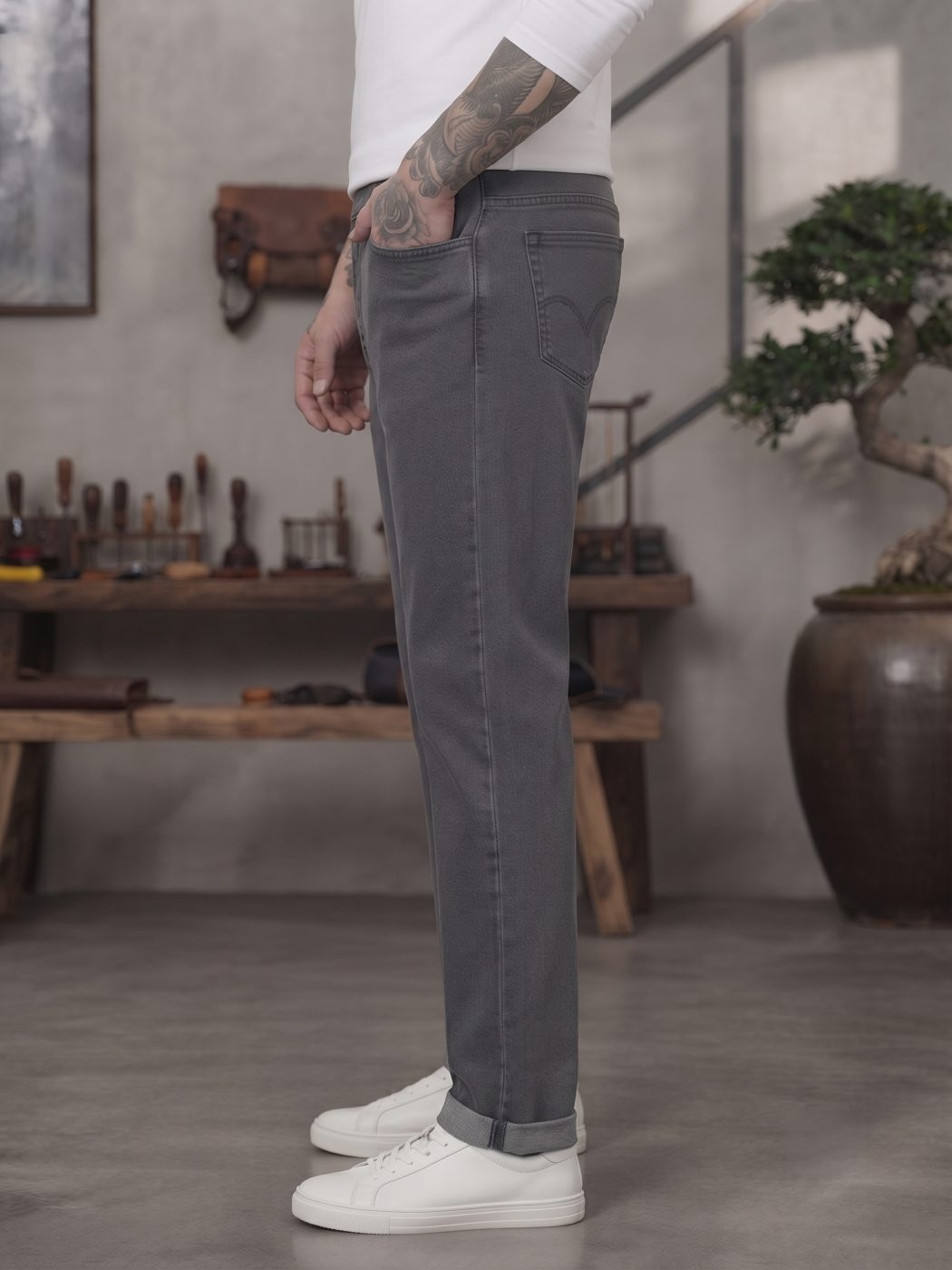 Bemount Bemount Washed Charcoal Grey Regular Jeans in Washed Charcoal Grey, side view