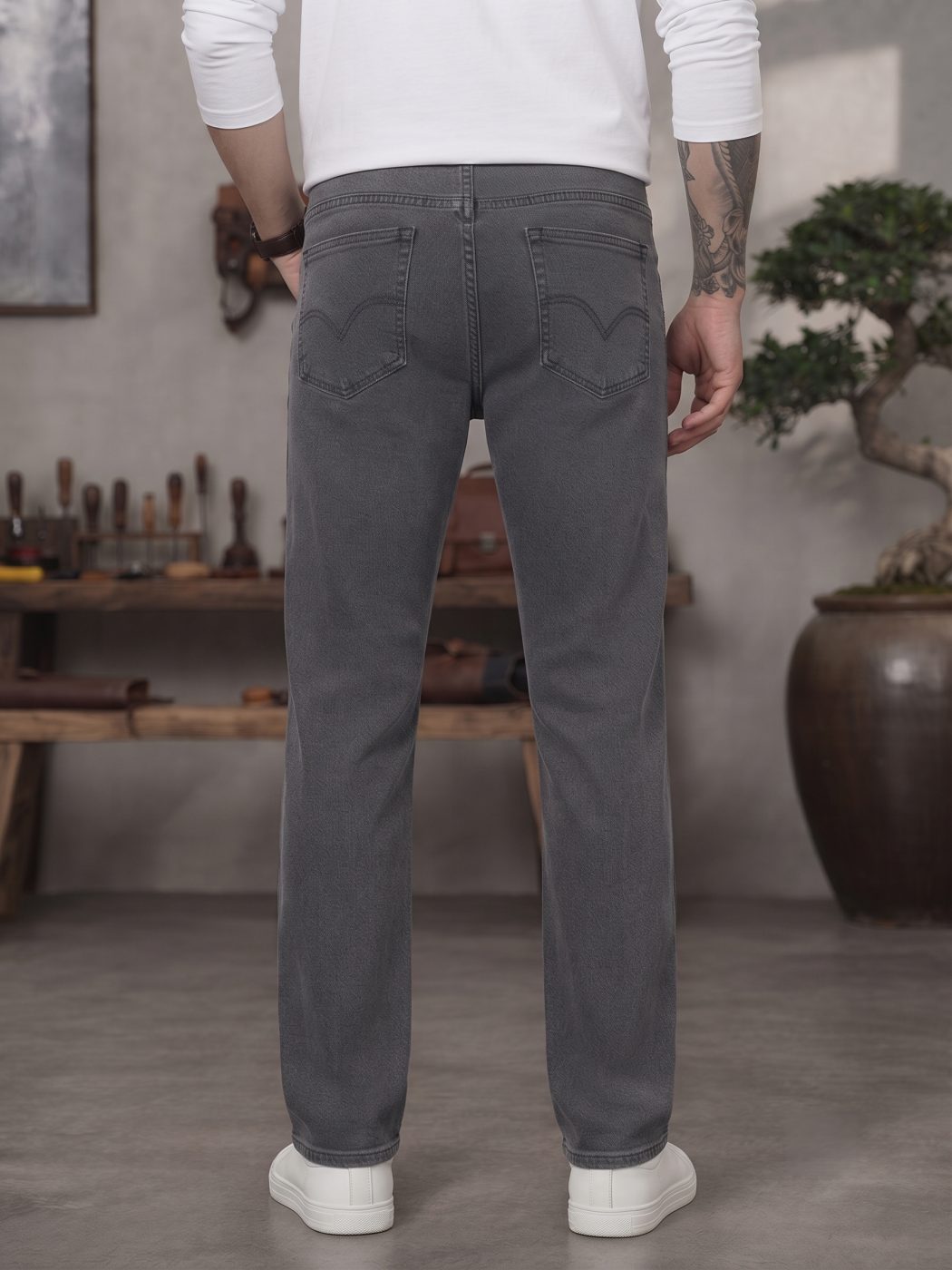Bemount Bemount Washed Charcoal Grey Regular Jeans in Washed Charcoal Grey, back view