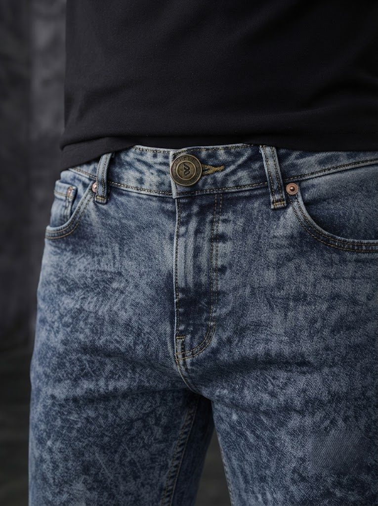 Bemount Bemount Acid Drift Straight Jeans in Acid Wash Blue, waist cloeup view
